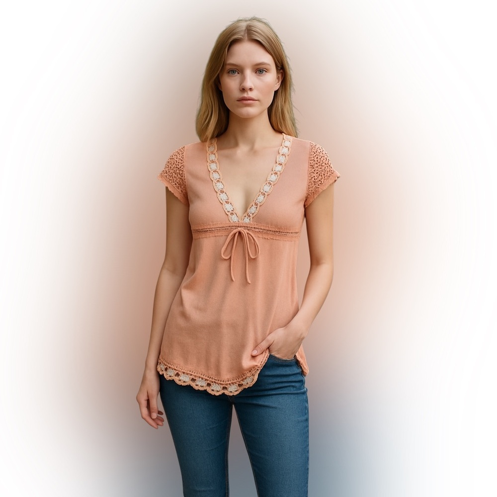 Y2K Peach Lace Trim Women's Babydoll Top Size XS/S